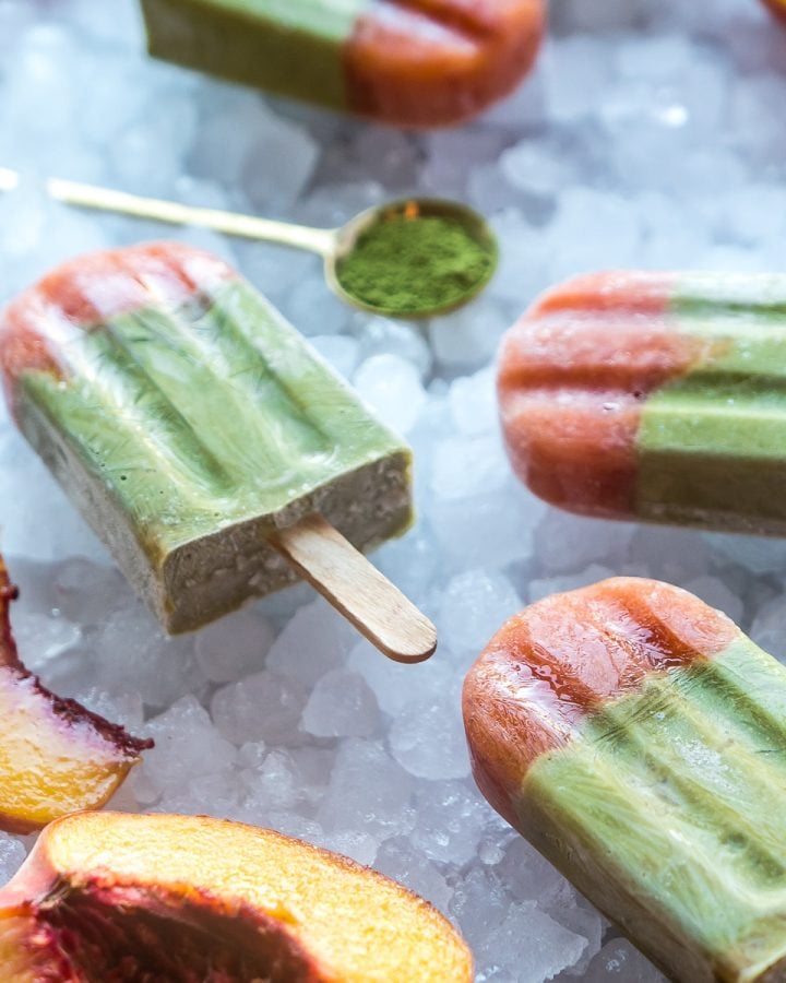 Creamy Matcha and Peach Popsicles