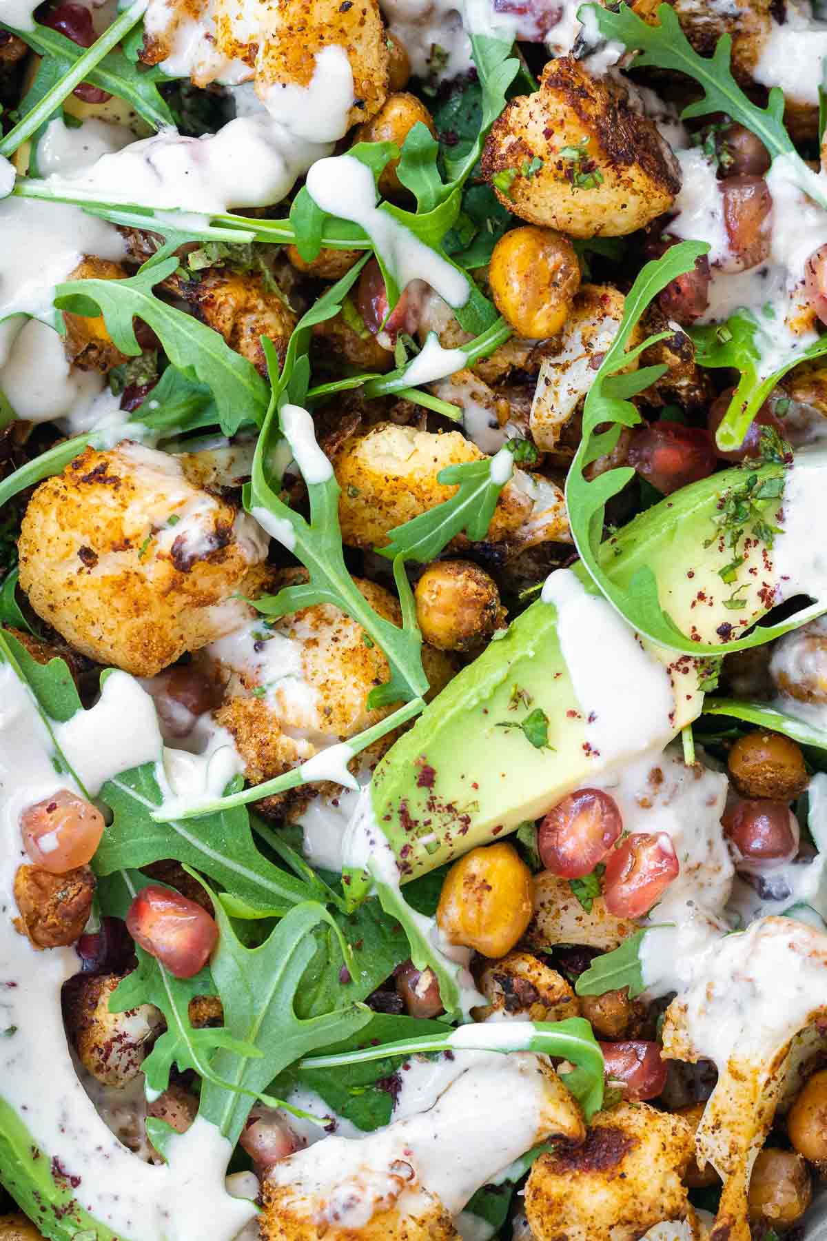 Roasted Cauliflower Salad with pomegranate and avocado