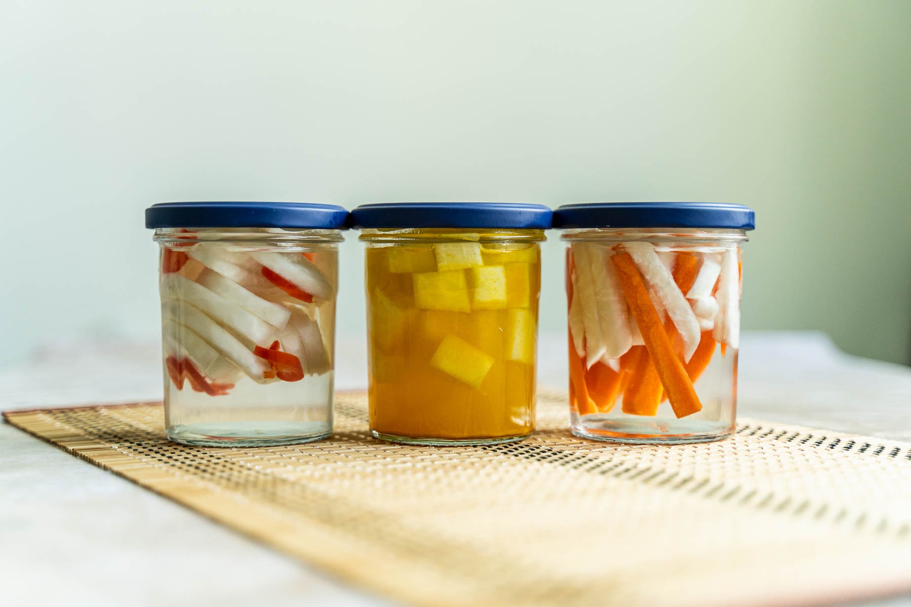 Pickled Daikon stored in jars