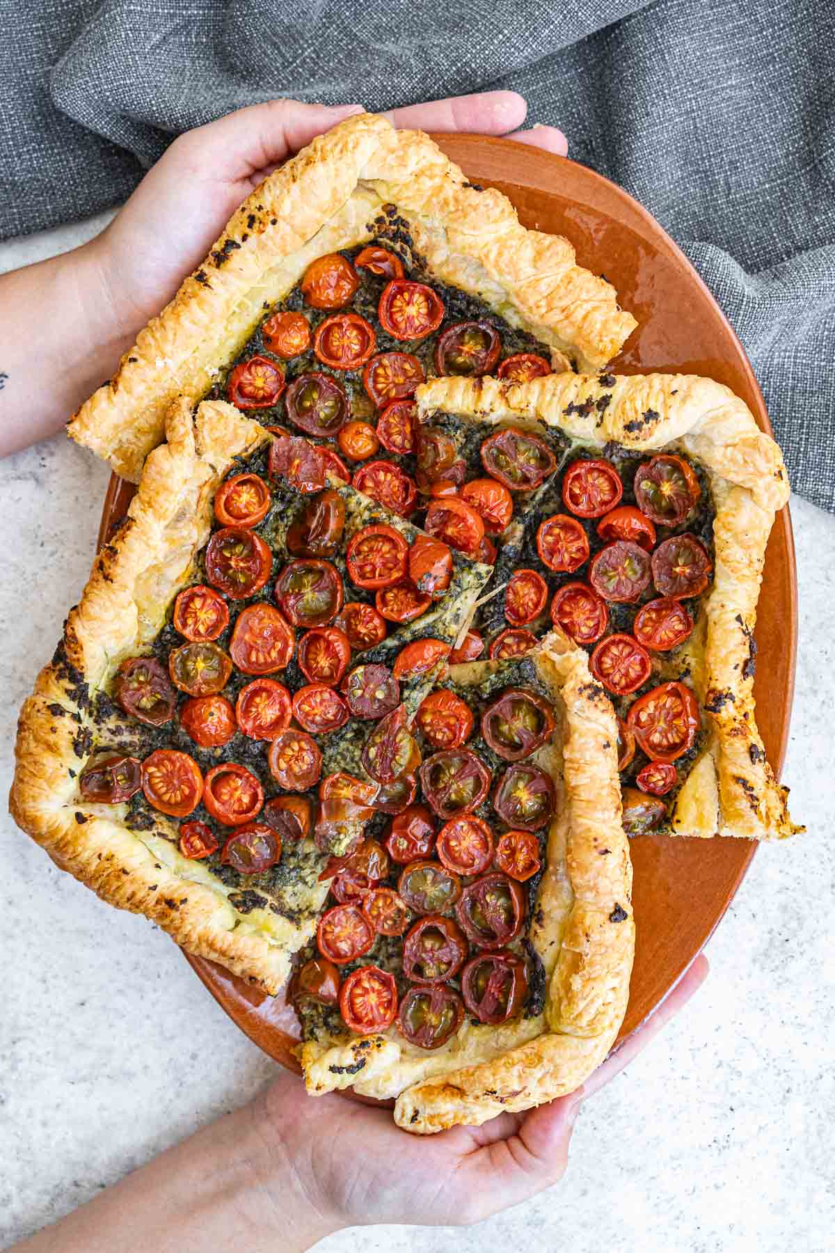 Puff Pastry tart with cherry tomatoes and pesto