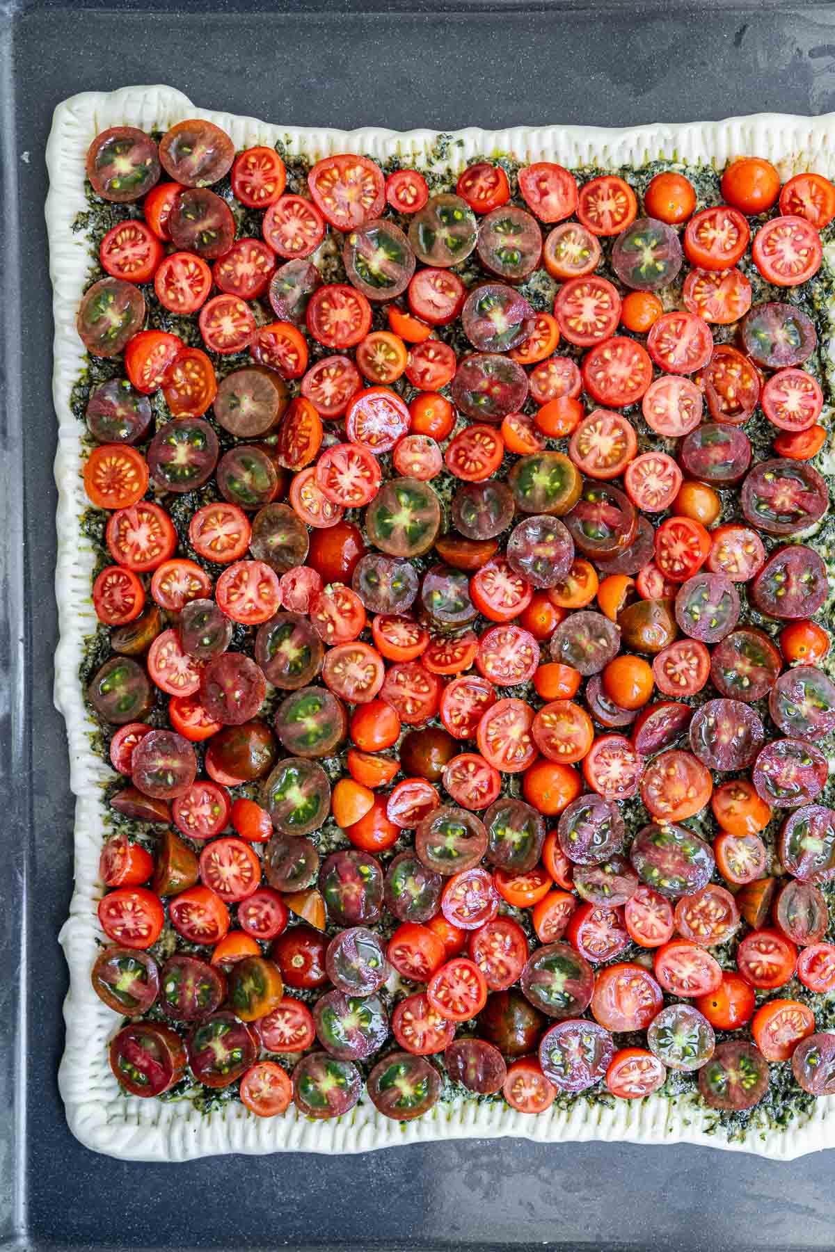 Cherry tomato tart ready to bake