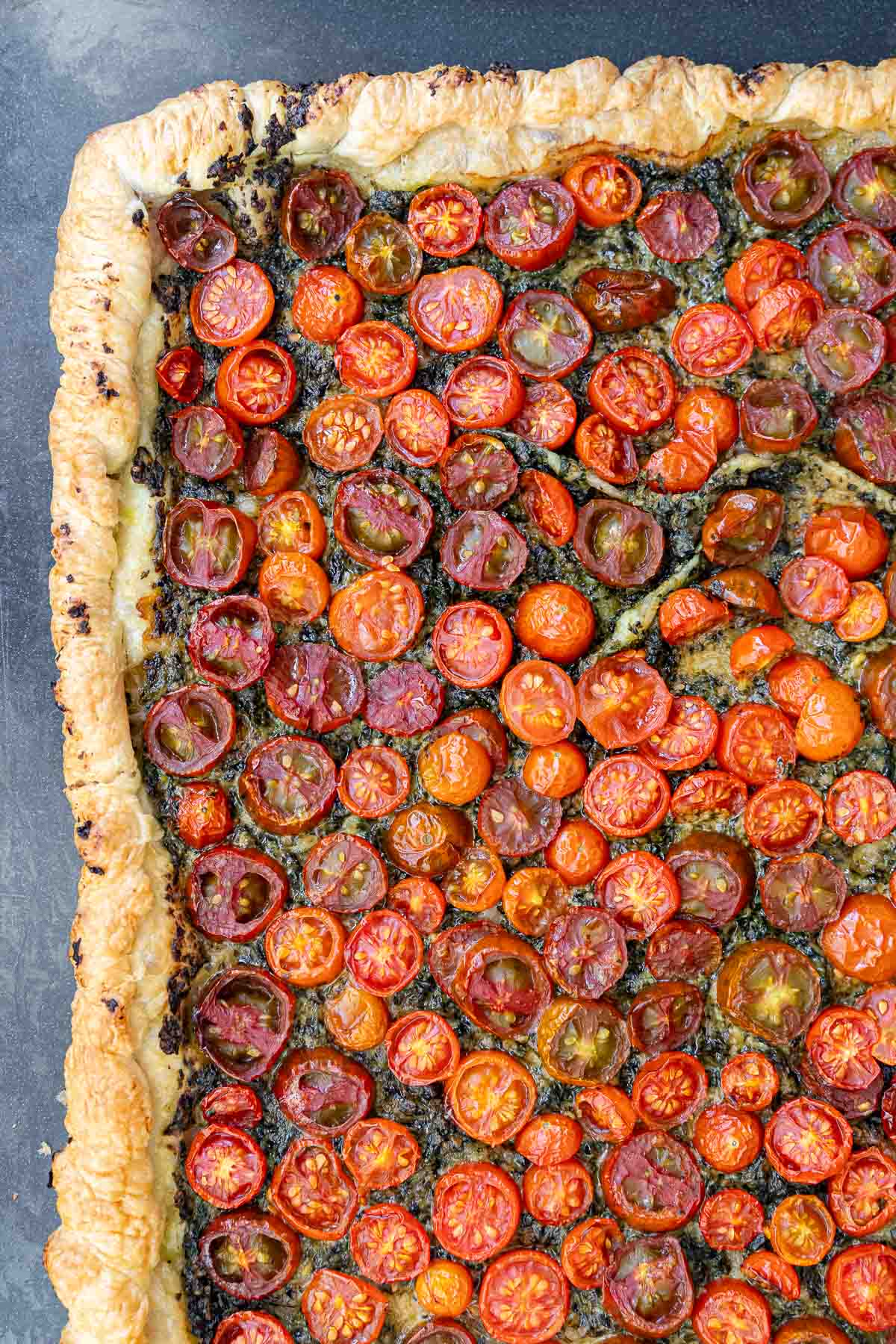 Roasted Cherry Tomato Tart on a baking tray